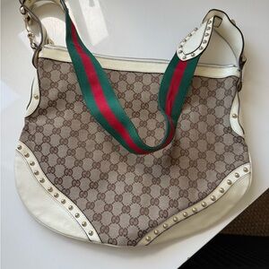 Gucci Brown and Cream Shoulder Bag with Green and Red Strap